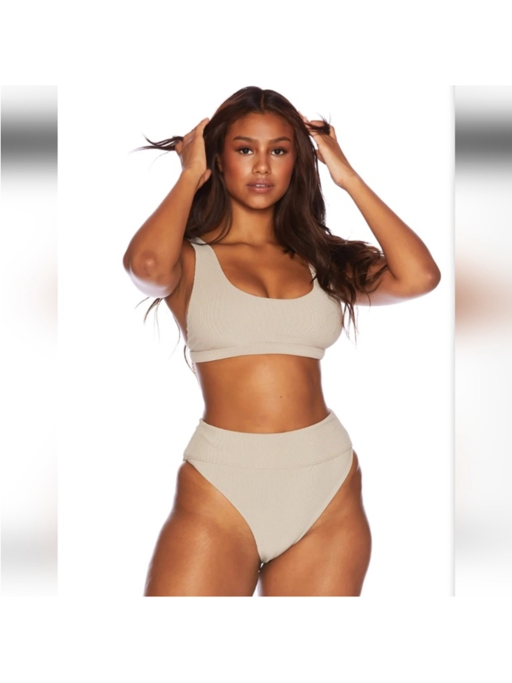 Beach Riot Ribbed High-Waist Bikini Set- Tan, Large - Picture 4 of 5